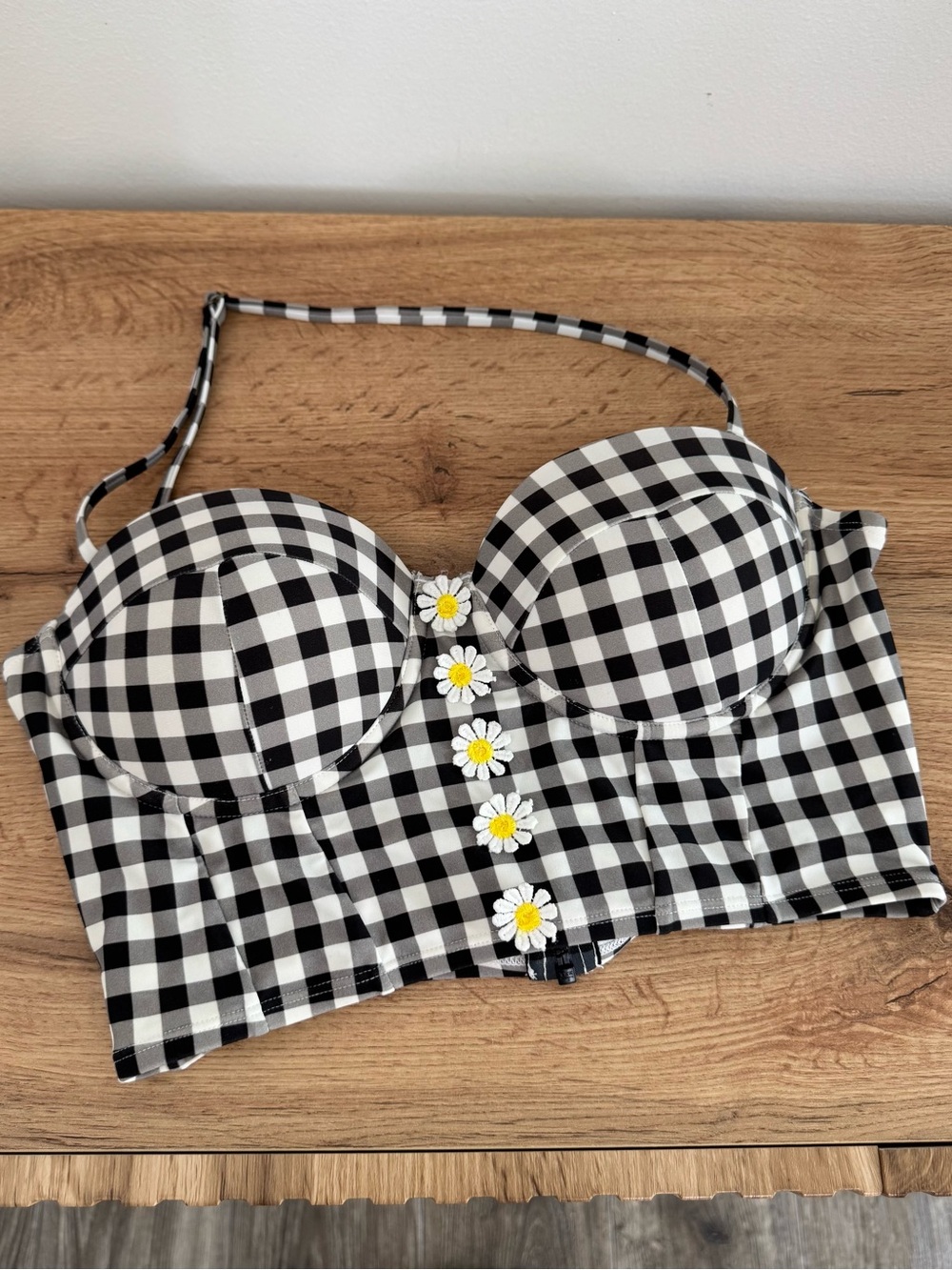Betsey Johnson Retro Gingham Daisy Bikini Bustier Swim Top Medium